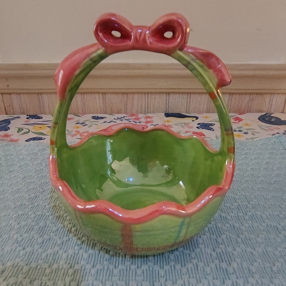 Green and Pink Ceramic Ribbon Basket - Home Accents